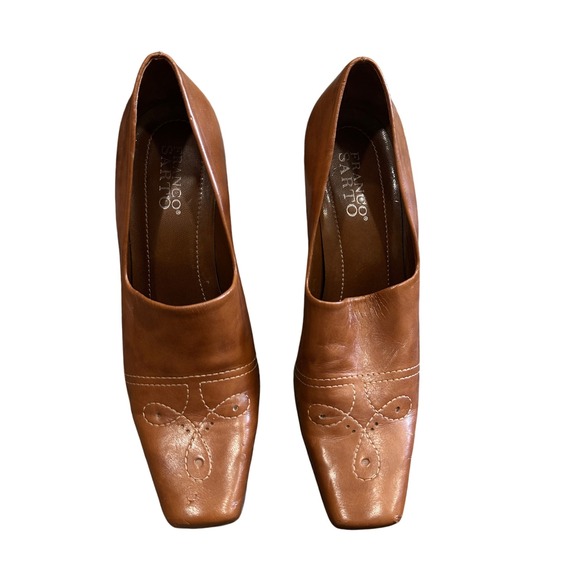 Franco Sarto Brown Leather Square Toe Heels Stitch Detail Women's 8.5M - Picture 1 of 4